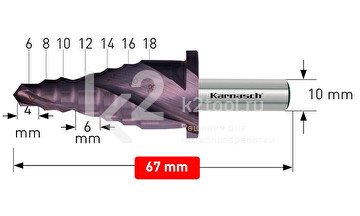 Ступенчатое сверло Ø 6-18 мм для сборных ограждений, HSS-XE с покрытием TiTAN-TEC, Karnasch, арт. 21.3053