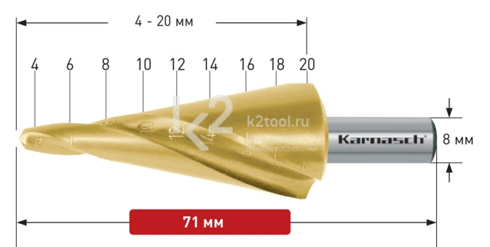 Конусное сверло со спиралью (2 зубца) с покрытием TiN-GOLD (2 зубца), Karnasch, арт. 20.1472