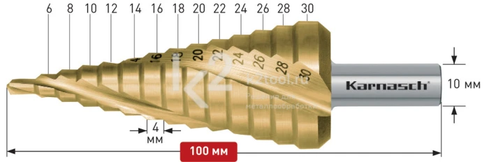 Ступенчатое сверло со спиралью с покрытием TiN-GOLD (3 зубца), Karnasch, арт. 21.3003