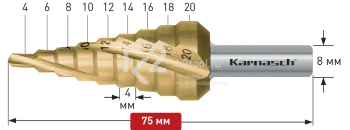 Ступенчатое сверло со спиралью с покрытием TiN-GOLD (3 зубца), Karnasch, арт. 21.3002